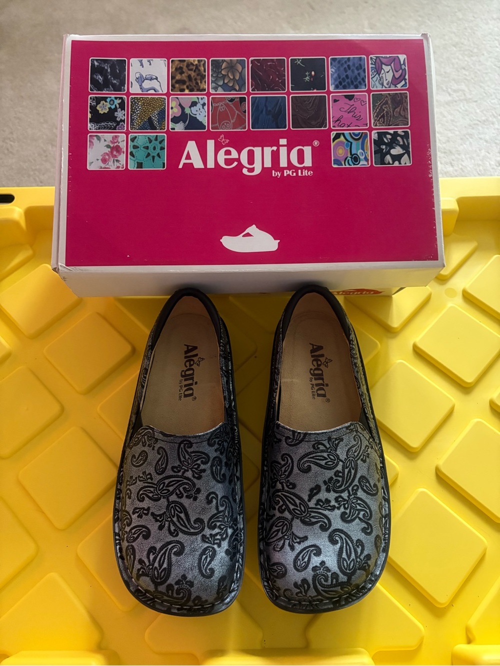 Alegria Black and Silver Paisley Slip-On Clogs